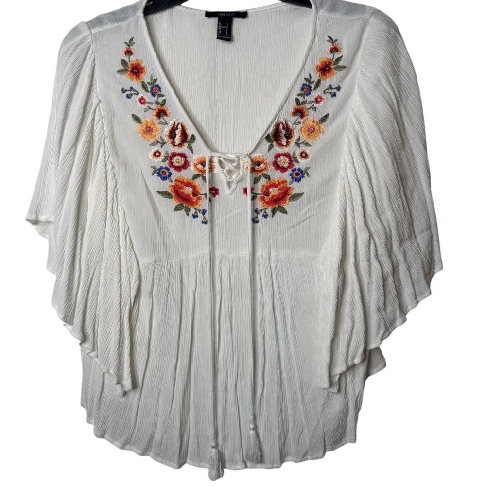 Forever 21 Cream Blouse with Floral Embroidery